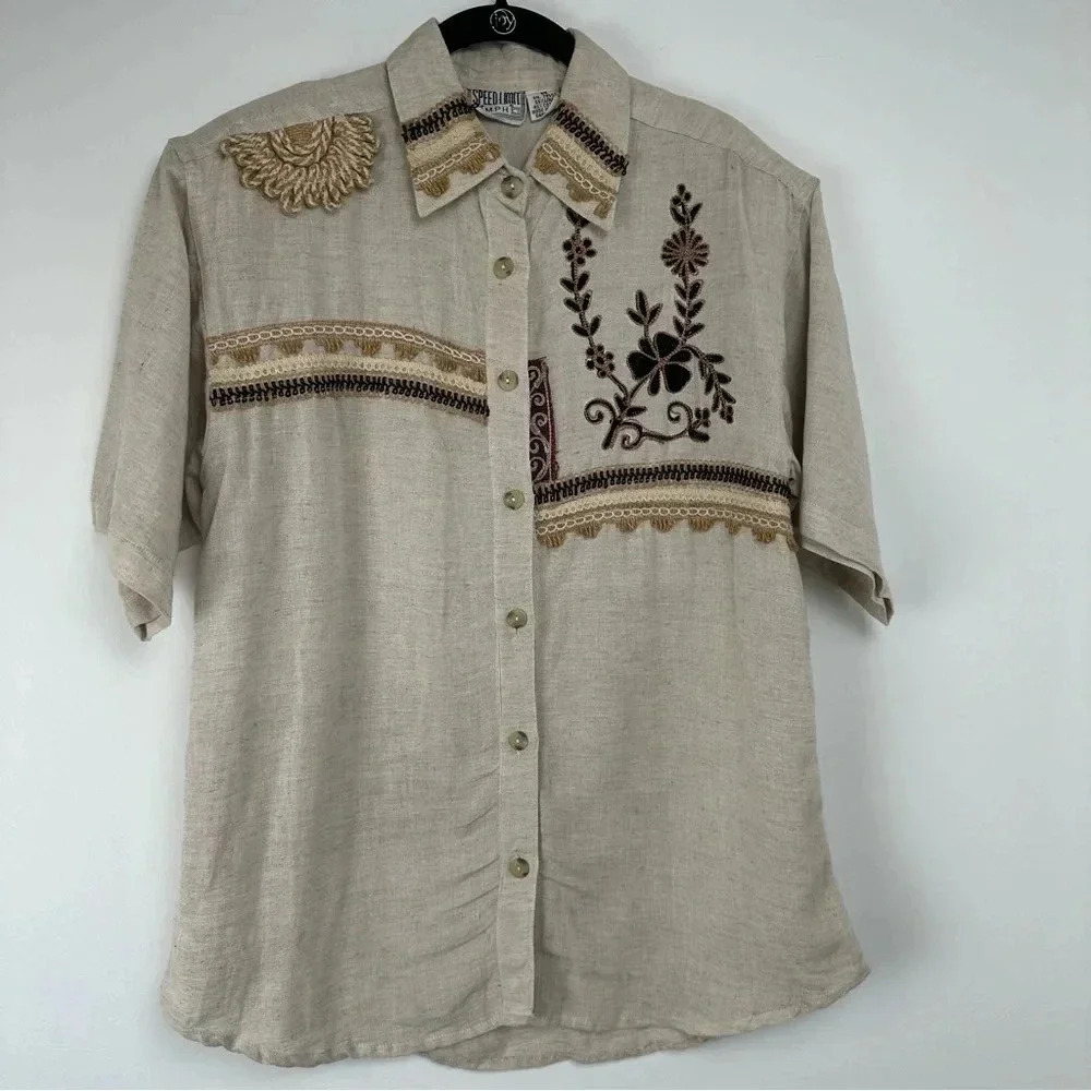 Speed Limit Mph Button Down Top Size Medium Linen‎ Blend Boho Embroidered Artsy
